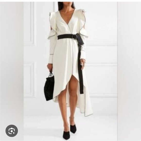 SELF-PORTRAIT | Asymmetrical Wrap Dress White Black belt Sz 4 - Picture 1 of 9